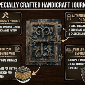 May include: A rectangular journal measuring 8x6 inches with a dark, textured cover featuring an embossed, symmetrical carved pattern and a brass C-lock mechanism. The journal contains 200 handmade pages with visible texture, presented alongside informational text boxes detailing its features.