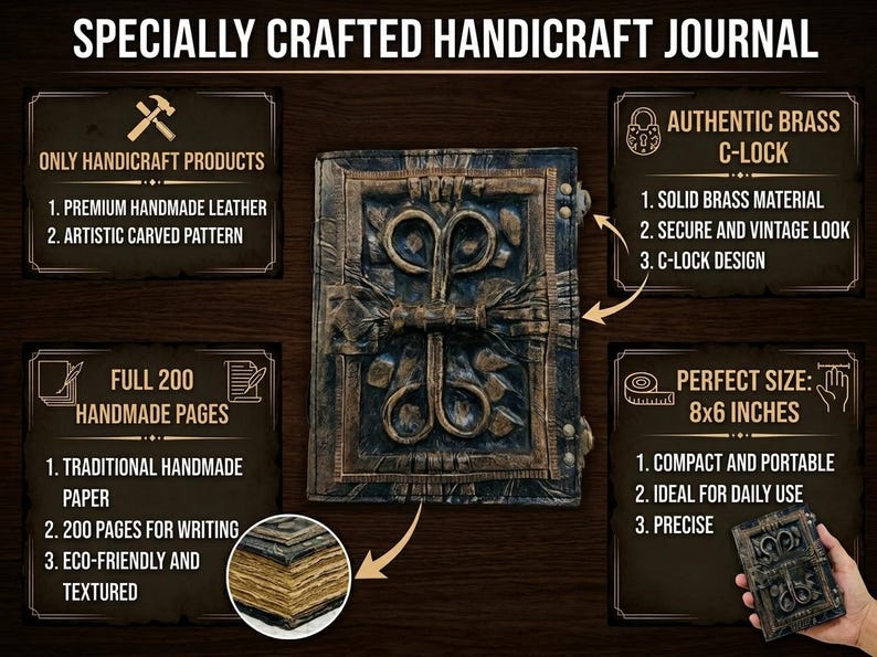 May include: A rectangular journal measuring 8x6 inches with a dark, textured cover featuring an embossed, symmetrical carved pattern and a brass C-lock mechanism. The journal contains 200 handmade pages with visible texture, presented alongside informational text boxes detailing its features.