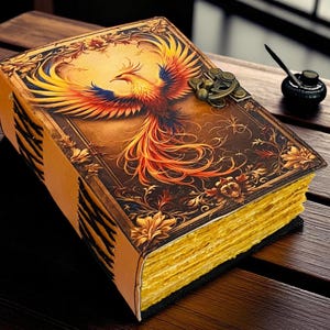 May include: A leather-bound journal with a phoenix illustration. The cover features a detailed image of a colorful phoenix with outstretched wings. The journal has a clasp closure and gold-colored, aged-looking pages. The journal is on a wooden surface.