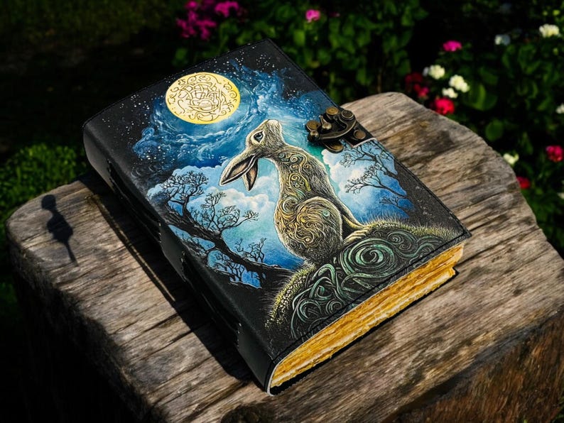 May include: A leather-bound journal with a hand-painted illustration of a rabbit under a full moon. The cover features a night sky scene with trees and a decorative clasp. The pages have a golden hue.