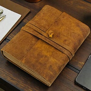 Personalized A5 Leather Bound-Lined Engrave Journal Notebook – Handmade Rustic Travel Writing Diary with Strap Vintage Tobacco