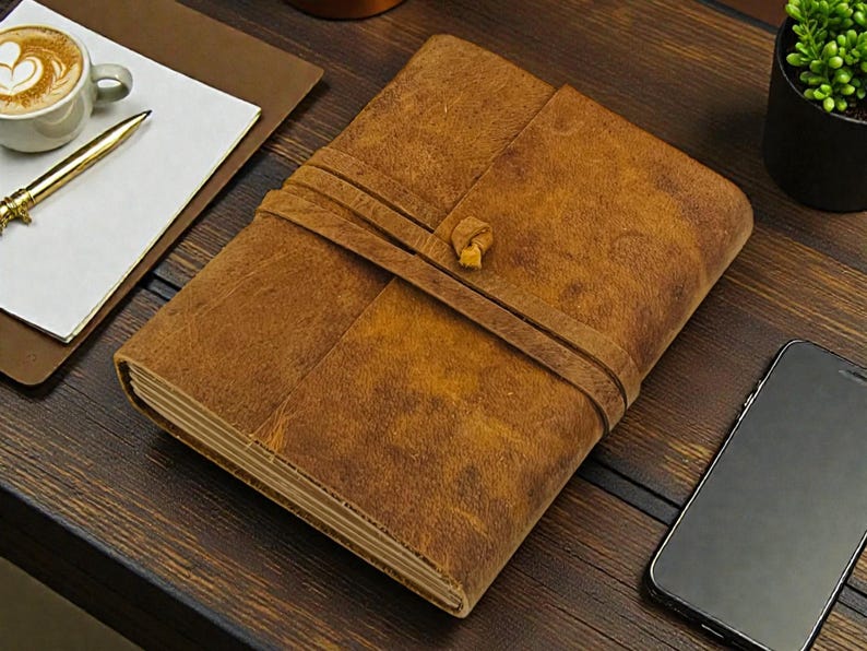 Personalized A5 Leather Bound-Lined Engrave Journal Notebook – Handmade Rustic Travel Writing Diary with Strap Vintage Tobacco
