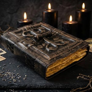 May include: A thick, rectangular book with a dark, weathered leather cover featuring an embossed, symmetrical raised design. The pages are thick, textured, and appear aged with a yellowed, parchment-like appearance. The book is closed.