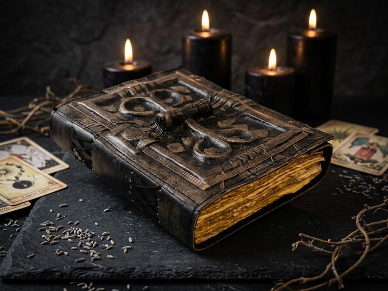May include: A thick, rectangular book with a dark, weathered leather cover featuring an embossed, symmetrical raised design. The pages are thick, textured, and appear aged with a yellowed, parchment-like appearance. The book is closed.