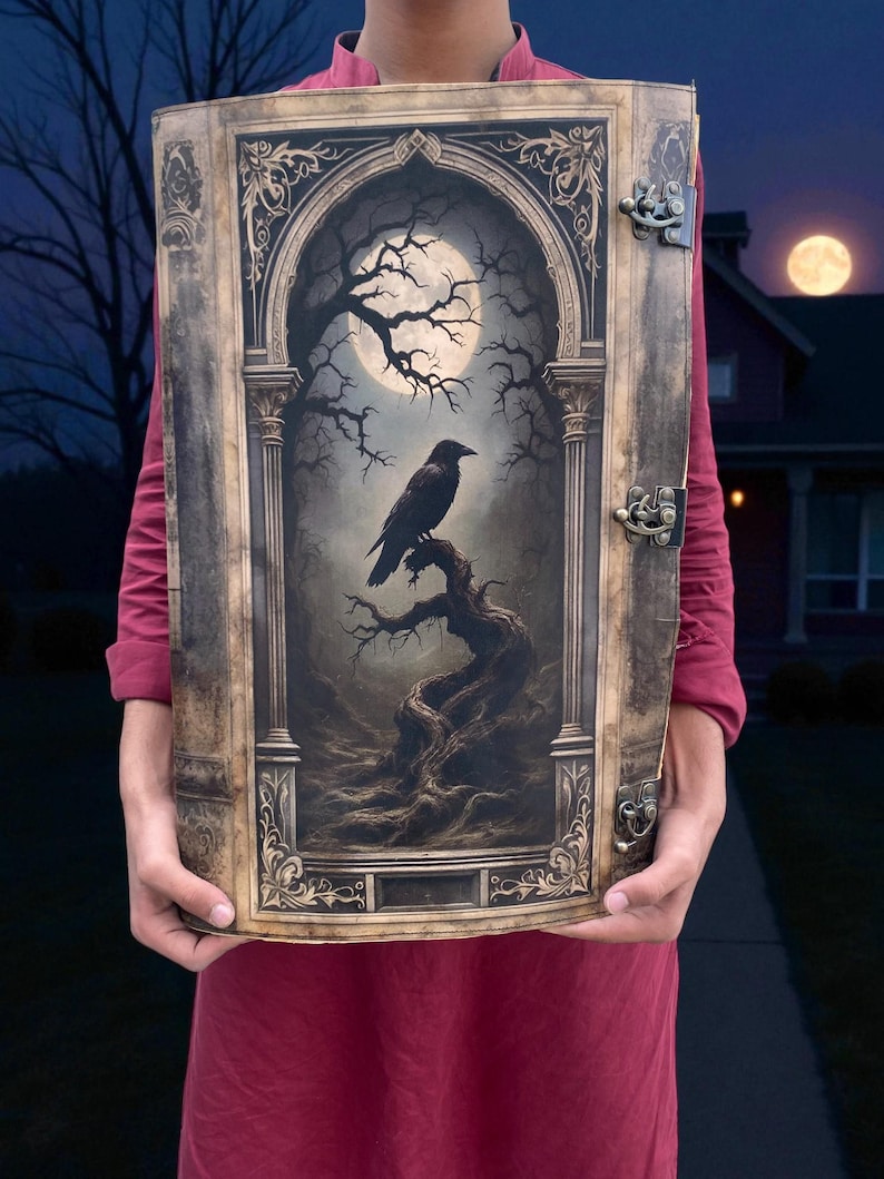 Op de afbeelding: Een groot, versierd boek met een raaf op een tak, tegen een volle maan en een donker, gotisch landschap. Het boek heeft decoratieve metalen sluitingen en een gedetailleerd, verouderd uiterlijk, dat een gevoel van mysterie en fantasie oproept.