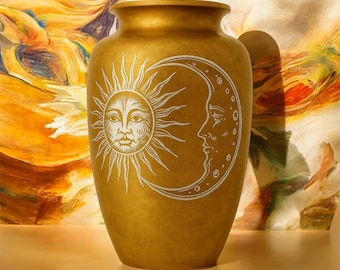 Antique Gold Finish Sun and Moon Cremation Urn, Celestial Cremation Urn, Hand Painted Urn, Unique Adult Cremation Urn.