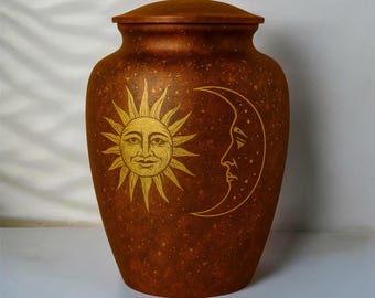 Copper Antique Finish Sun and Moon Cremation Urn, Celestial Cremation Urn, Hand Painted Urn, Unique Adult Cremation Urn.