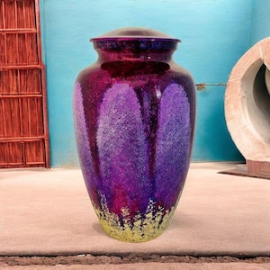 Handpainted Purple and Gold Swirl Design Urn for Ashes - Decorative Large 10 Inch Cremation Urn - Artistic Memorial Ashes Urn.