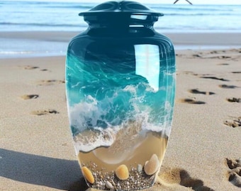 Cremation Urn for Ashes Ocean Wave – Handmade Beach Memorial Urn with Seashell Design and with Velvet Beg (Large).