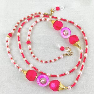 Handmade  Pink and Gold Pearl Eyeglass Chain – One-of-a-Kind 40” Beaded Lanyard for Glasses, Wrap Bracelet, Necklace, or Mask Holder – Gift