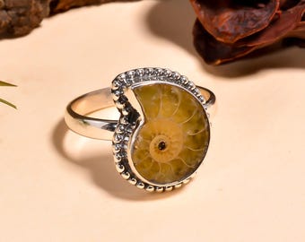 Anello con fossile di ammonite naturale, gioielli antichi in argento sterling con conchiglie marine, anelli con fossili fatti a mano
