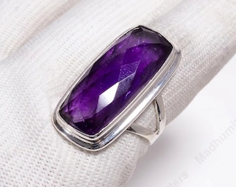 Natural Amethyst 925 Sterling Silver Ring, Large Faceted Long Rectangle Purple Crystal Jewelry Gift for Her