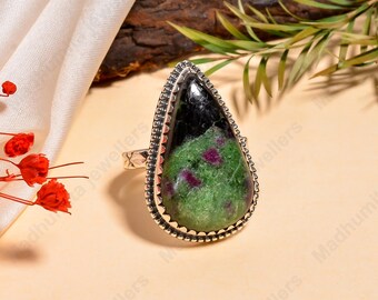 Rubin Zoisit Sterlingsilverring: Grön Cabochon Ädelsten, Boho Statement