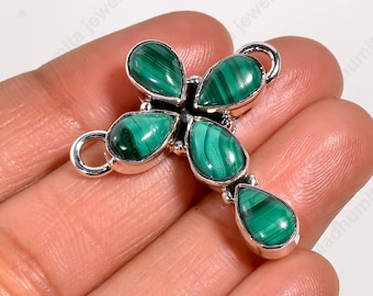 Natural Malachite Cross Pendant, 925 Sterling Silver Jewelry, Religious Cross Charm, Spiritual Gift