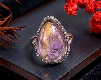 Naturlig päron-ametrin ädelstensring, handgjord massivt 925 sterlingsilver statementring, bohemiska ädelstenssmycken presenter för kvinnor