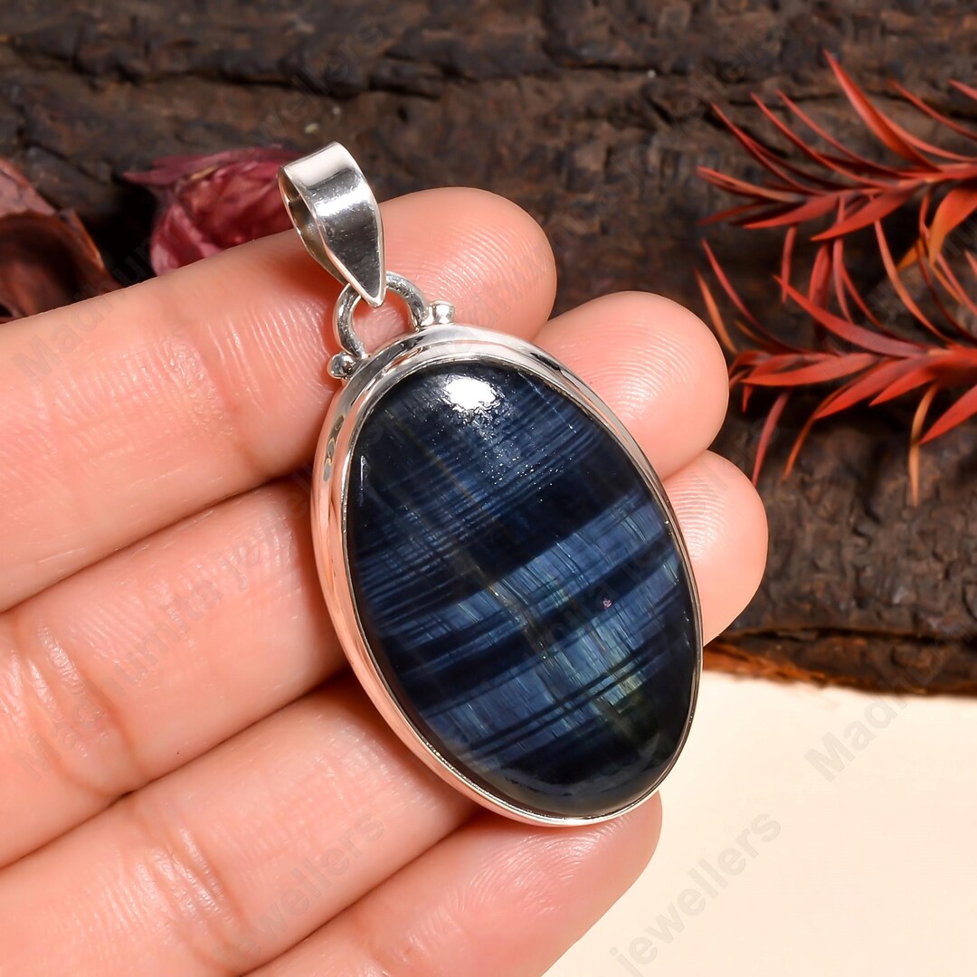 Dark Blue Tiger Eye Pendant 925 Sterling Silver Handmade Jewelry