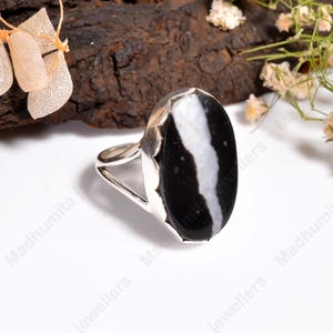 Può includere: Anello in argento con una grande pietra nera ovale attraversata da una striscia bianca. L'anello ha un design semplice e lucido. La superficie della pietra è liscia e riflettente, creando un contrasto sorprendente.