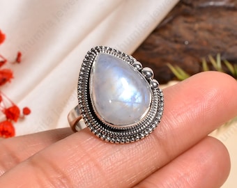 Rainbow Moonstone Ring, Handmade 925 Sterling Silver Statement Ring, Bohemian Gemstone Jewelry, Teardrop Designer Artisan Ring for Women