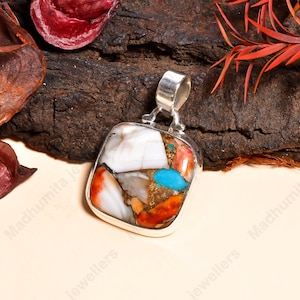 Natural Orange Spiny Oyster Turquoise Gemstone Pendant 925 Sterling Silver Pendant Handmade Statement Pendant Necklace Jewelry Gift For Her