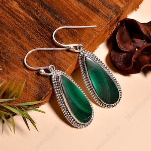 Silver Malachite Stone Earring, 925 Sterling Silver Earring, Gemstone Earring, Teardrop Earring, Handmade Earring, Gift For Woman Jewelry