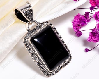 Natural Black Onyx Pendant, Handmade 925 Sterling Silver Statement Pendant, Gothic Victorian Necklace, Boho Gemstone Jewelry Gift for Wife