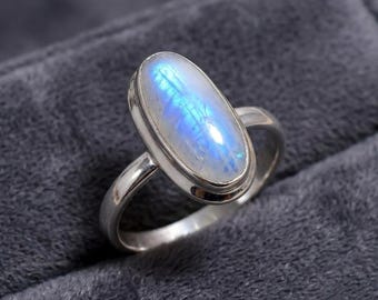 Natural Rainbow Moonstone Ring, 925 Sterling Silver Luminous Oval Stone Ring, Gift for Her