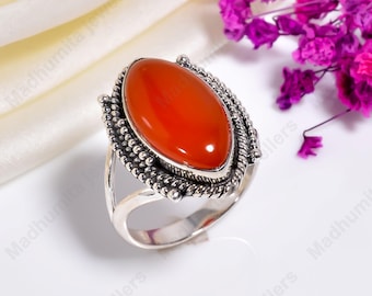 Handmade Natural Carnelian Ring, 925 Sterling Silver Carnelian Ring, Boho Style Statement Ring Jewelry