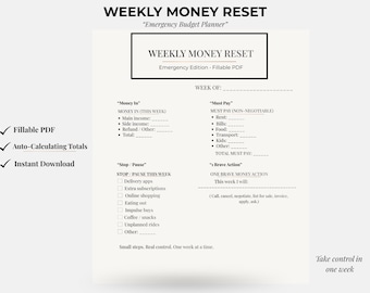 Peut inclure: Un planificateur de réinitialisation financière hebdomadaire imprimable avec un design minimaliste. Le planificateur comprend des sections pour les revenus, les dépenses et une action courageuse. PDF remplissable, calculs automatiques et téléchargement instantané.