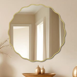 Modern Circular Mirror Decor, Luxury Round Mirror for Bathroom, Aesthetic Mirror Wall Decor, Wood framed Wall Mirror, Mirror for Vanity