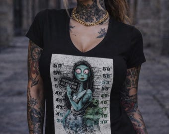 Sally Nightmare Corpse Bride Mugshot T-Shirt: Gothic Horror Tee