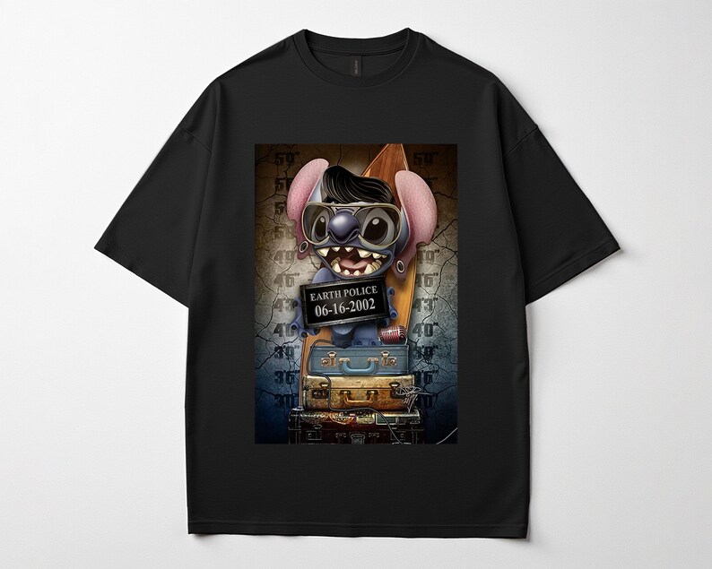 May include: Black t-shirt with a cartoon character wearing sunglasses and holding a surfboard. The character holds a sign that reads "EARTH POLICE 06-16-2002". The graphic is set against a background with luggage. The t-shirt is a casual wear item.