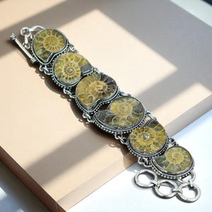 Bracciale Fossil Ammonite - Fatto a mano in argento Sterling 925, pietra preziosa naturale, regalo per lei, stile boho e vintage