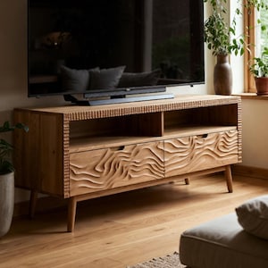 Solid Wood TV Stand with Carved Wave Drawers, Handmade Media Console, Modern Wood TV Cabinet, Japandi Entertainment Center