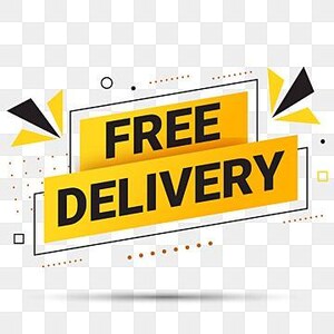 K&ouml;nnte beinhalten: Ein gelbes Banner mit den Worten "FREE DELIVERY" in fetter schwarzer Schrift. Das Banner ist schwarz umrandet und hat geometrische Formen und Akzente in Schwarz und Gelb.
