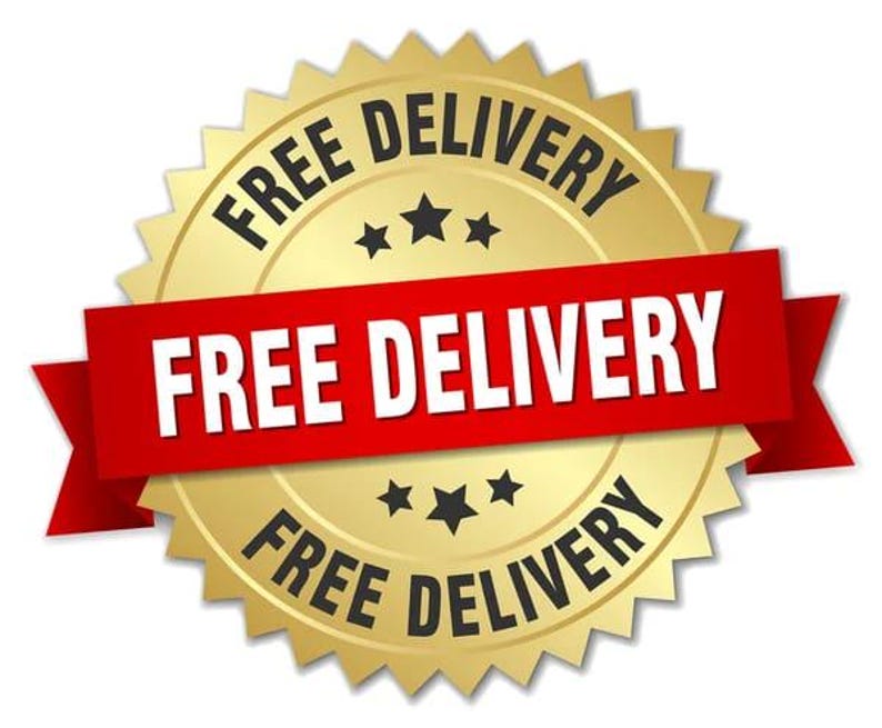 K&ouml;nnte beinhalten: Ein goldfarbenes Abzeichen mit gezacktem Rand und den Worten "FREE DELIVERY" in schwarzer Schrift. Ein rotes Banner in der Mitte zeigt ebenfalls "FREE DELIVERY" in Wei&szlig;. Drei schwarze Sterne sind sichtbar.