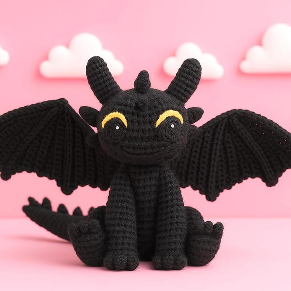 Haakpatroon zwarte draak tandeloze | Op Night Fury geïnspireerde amigurumi (pdf-patroon)