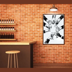 乾杯！印刷可能なウォールアート バーカートポスター デジタルダウンロード バーデコレーション ミニマルな白黒ドリンクウォールアート パーティー インスタントダウンロード