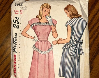 1940s Simplicity Pattern 1912 Misses One Piece Dress Size 14, Bust 32”