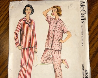 1950s McCall Pattern 4201 Misses Pajamas Size 14 Bust 34”, Waist 26”, Hip 36”