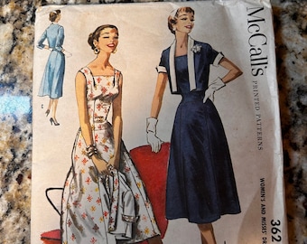 1950s McCall Pattern 3621 Misses Dress and Bolero Half Sizes Size 14 1/2 Bust 35”, Waist 29”, Hip 38”