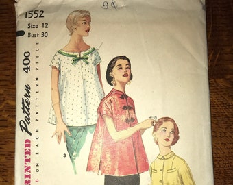 Vintage 1950s Simplicity Pattern 1552, Misses Maternity Tops Size 12 Bust 30", Waist 24" Hip 33"