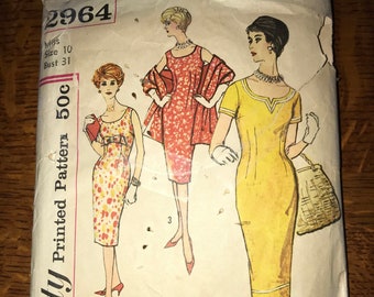 Vintage 1960s Simplicity Pattern 2964, One Piece Dress, Stole, Wiggle Dress Size 10, Bust 31", Waist 24", Hip 33"