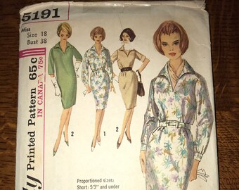 Vintage 1960s Simplicity Pattern 5191, Misses One Piece Dress Size 18 Bust 38", Waist 30" Hip 40"