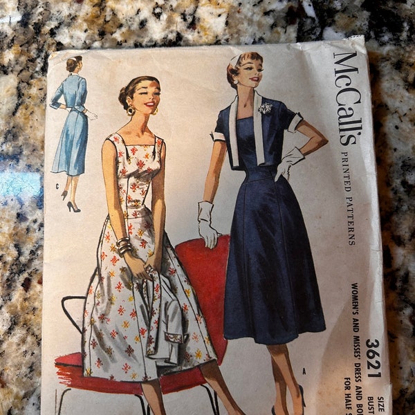 1950s McCall Pattern 3621 Misses Dress and Bolero Half Sizes Size 14 1/2 Bust 35”, Waist 29”, Hip 38”