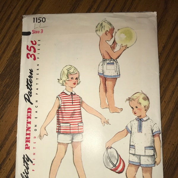 Vintage Simplicity 1950s Pattern 1150 Child's Boxer Shorts, Shirt Size 3, Breast 22", Waist 20 1/2", Hip 23" Factory Folds