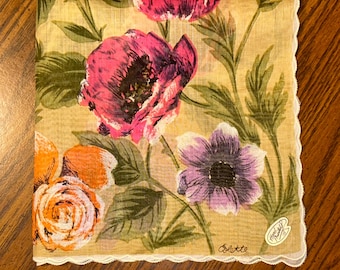 8 Choices Vintage Signed Colette Cotton Hanky Hankies  15&quot; x 15&quot; Hand Printed 8 Different Floral, Feather Designs Green, Labels