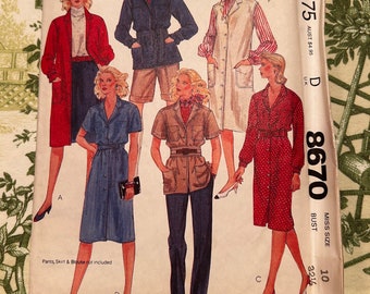 1980s McCalls Pattern 8670 Misses Coat Dress, Shirt-Jacket, Dress or Jumper, Tie Belt Size Size D - 10 Factory Folds