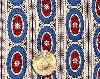 Tessuto per sacchi vintage unico degli anni '40 blu, bianco, rosso floreale, ovale, disegno geometrico a strisce 36 3/4" x 20" metà, 36 3/4" x 44" intero