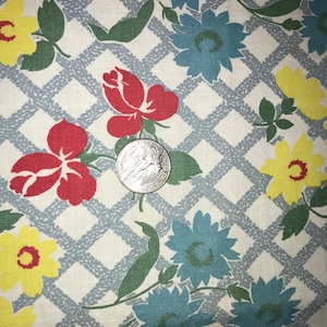 Excellent Vintage Feedsack Fabric Red, Yellow, Blue Flowers and Grey Trellis Design on soft white Background 36&quot; x 24&quot; 2 Available
