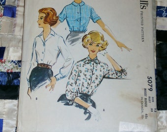 Vintage 1950's McCall's Pattern 5079 for Misses Blouse Size 12, Bust 32, Waist 25", Hip 34"